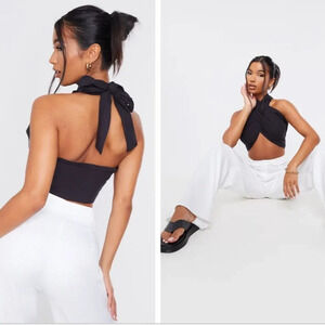 PRETTYLITTLETHING BLACK LINEN FEEL CROSS FRONT PLEATED CROP SIZE 6